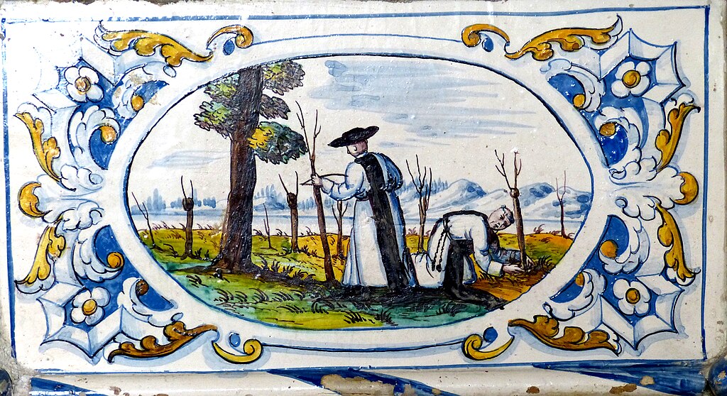 Salem ( Baden-W&uuml;rttemberg ). Konvent: Sommerrefektorium - Kachelofen ( 1733 ) von Daniel Meyer: Szene aus dem Klosterleben der Zisterzienser, Arbeit im Garten