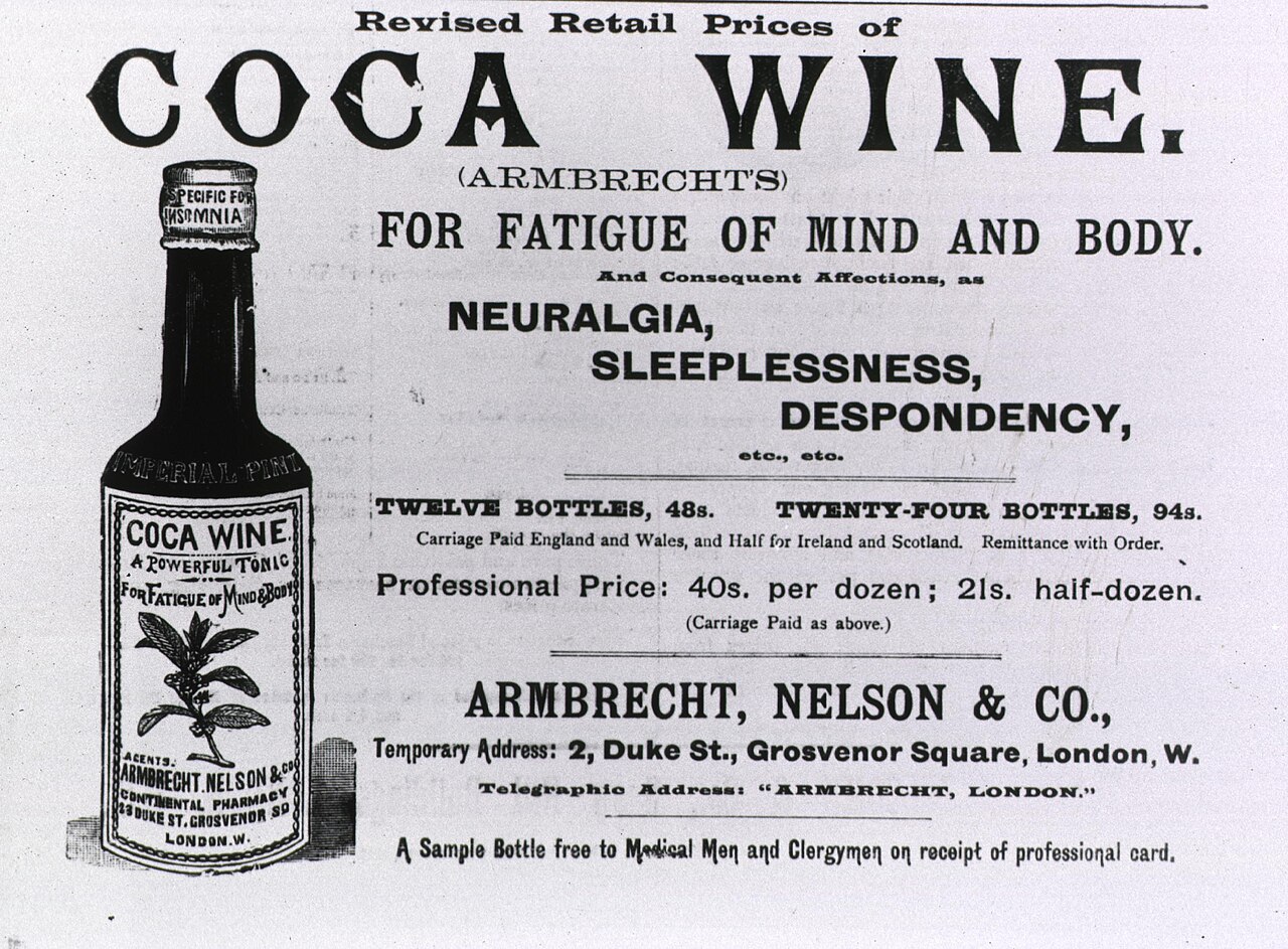 Schwarz-wei&szlig;e Werbeanzeige von 1889 aus Amerika f&uuml;r Kokainwein