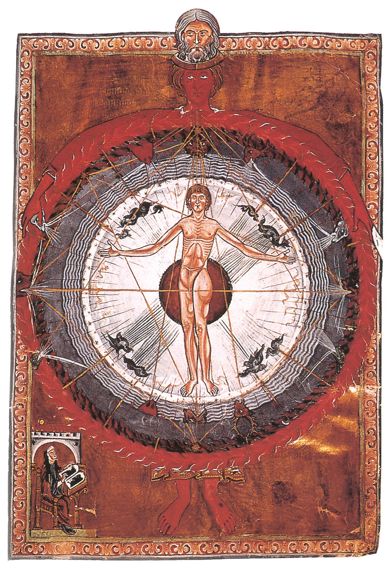 Eine Miniatur aus der Schrift Hildegards von Bingen, Liber Divinorum Operum, das den Menschen eingebunden in die g&ouml;ttliche Ordnung zeigt