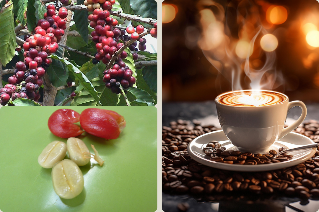 Früchte am Kaffestrauch, geöffnete Frucht mit weißem Samen und eine Tasse Kaffee mit den gerösteten braunen Kaffeebohnen