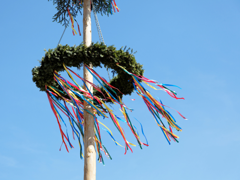 Maibaum, an der Spitze h&auml;ngt ein Fichtenkranz mit bunten B&auml;ndern